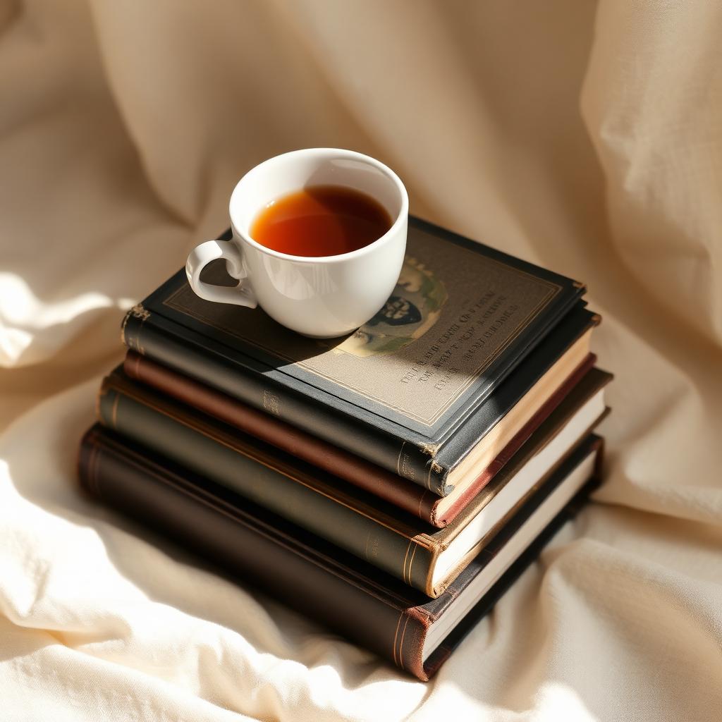 Vintage novels stacked beside a warm cup of tea
