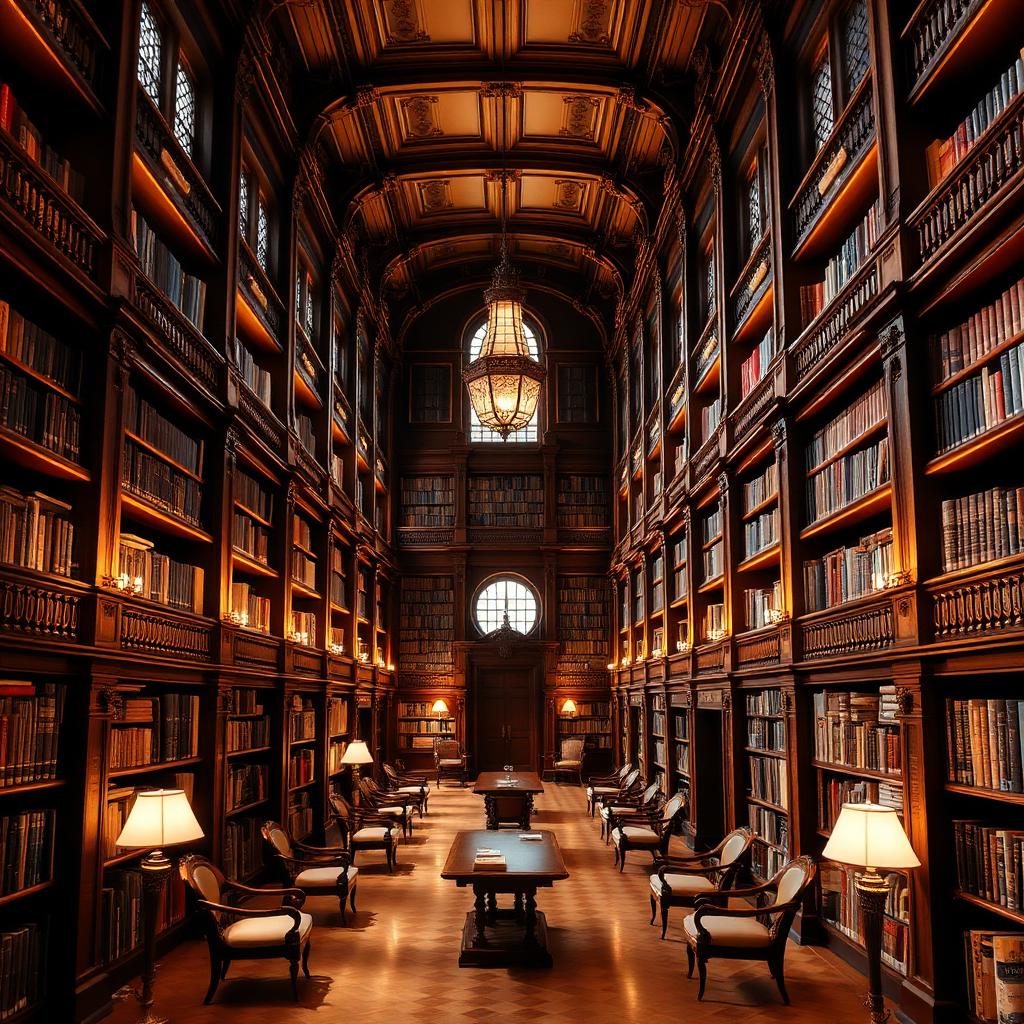 Towering shelves of a grand library