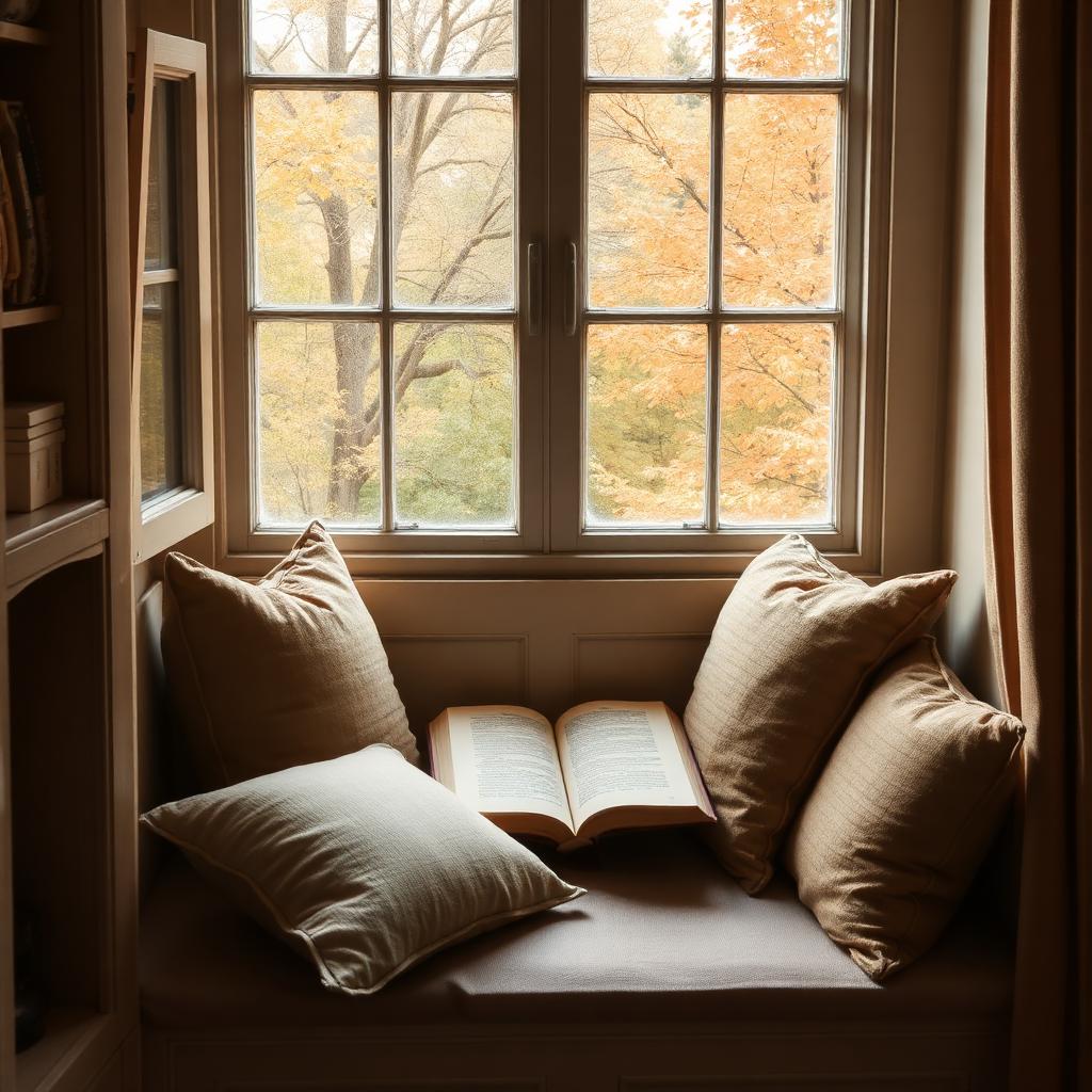 Cozy window reading nook with cushions and books